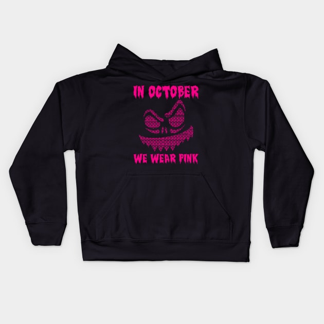 In October We Wear Pink Breast Cancer Jackolantern Halloween Ribbon Kids Hoodie by Zimmermanr Liame